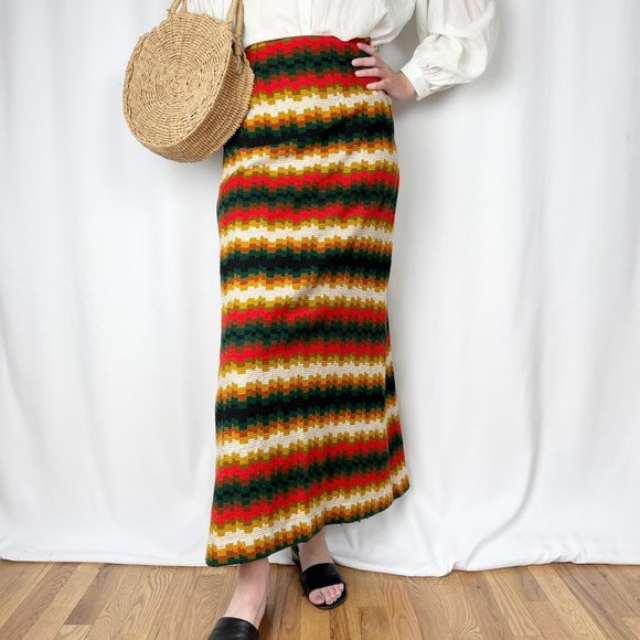 Vintage Dresses & Skirts - Vintage 70s Maxi Skirt Pillar Column Straight Woven Knit Long High Rise Waisted